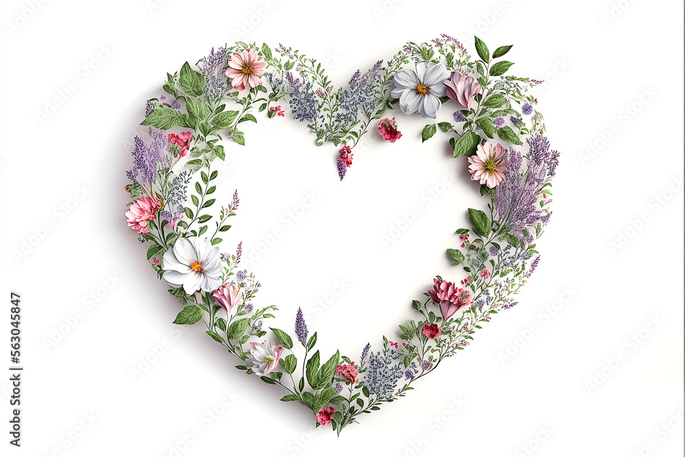 Heart shape frame made of fresh bright flowers isolated on white background. Valentines day, wedding, love, spring concept. Generative AI Heart shape frame made of fresh bright flowers isolated on white background. Valentines day, wedding, love, spring concept. Generative AI