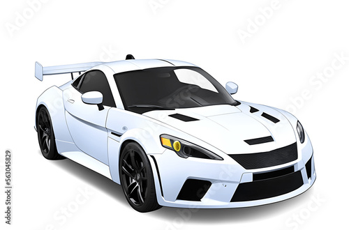 a white sports car with a black stripe on the hood on a white background with a shadow . AI
