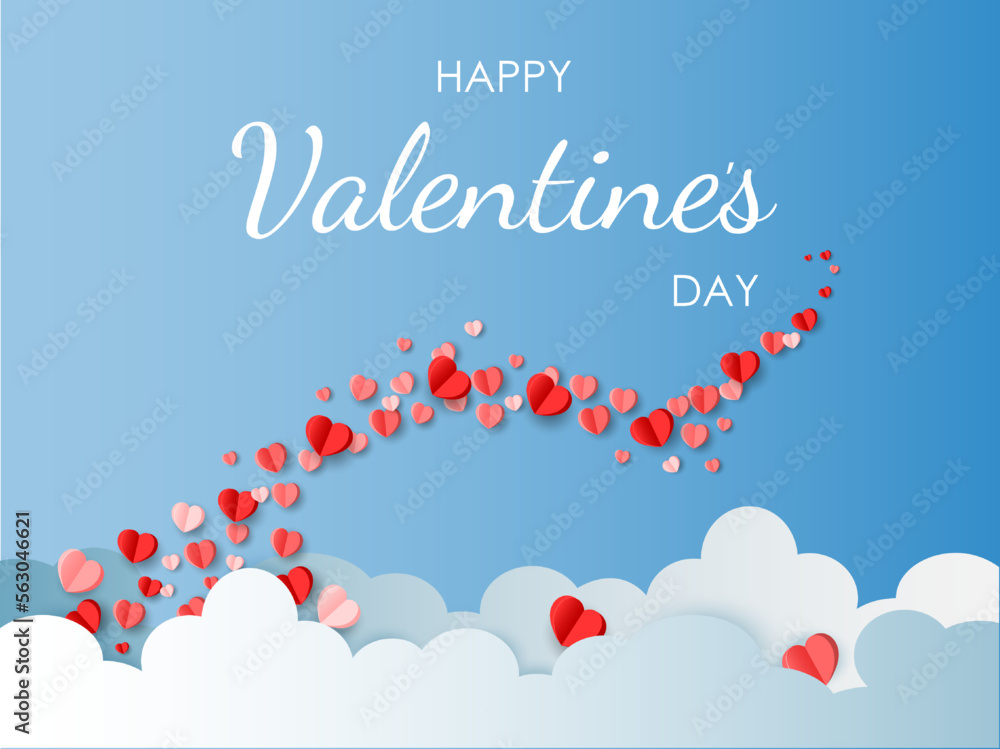 Naklejka premium Valentines Day gift card.Valentines Day social media banner.Vector wallpaper, flyer, invitation, website banners, online shopping,posters, brochure.3D paper hearts in the sky