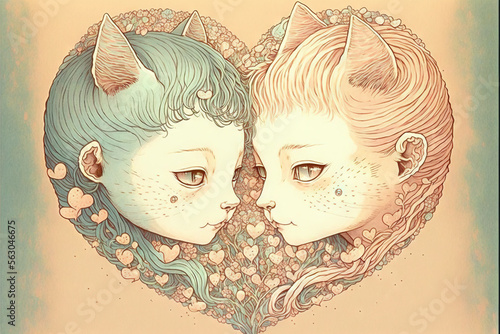 Couple of vintage kittens illustration generative ai.