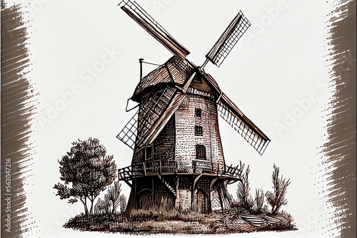 Hand-drawn sketch of a windmill with a transparent background. Generative AI