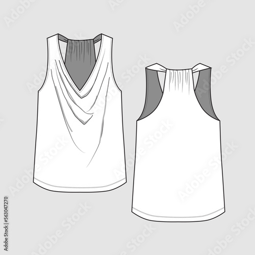 Cowl Neck Tank top T shirt Top V Neck Drape fashion Clothing vest Sleeveless flat sketch Drawing template