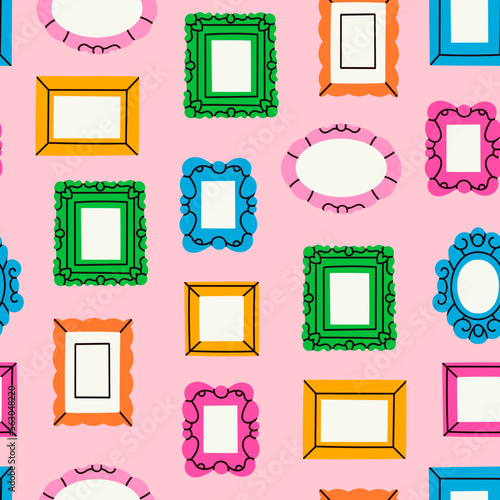 Set of various decorative Frames or Borders. Different shapes. Photo or mirror frames. Vintage design. Elegant, modern flat style. Hand drawn Vector illustration. Square seamless Pattern