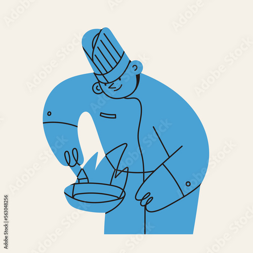 Chef cooks food with fire. Flambe in a frying pan cooking procedure. Cute cartoon character. Hand drawn isolated Vector illustration. Restaurant, professional kitchen, cooking class concept