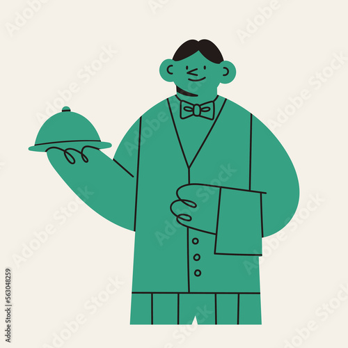 Waiter holding tray with lid, cloche and napkin. Ready to serve. Cute cartoon character. Hand drawn isolated Vector illustration. Restaurant staff, service concept
