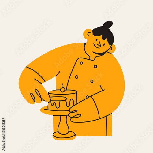 A confectioner or baker decorates glazed Cake. Pastry chef. Cute cartoon character. Hand drawn isolated Vector illustration. Pastry shop, working in confectionery, baking, cooking class concept
