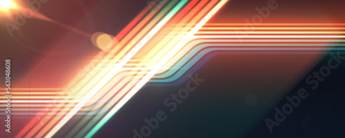 Futuristic glow 1970s rainbow line background design with light leaks and lens flare. Abstract vintage retro style concept illustration with colorful wavy lines