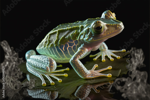 a glass frog on a dark background