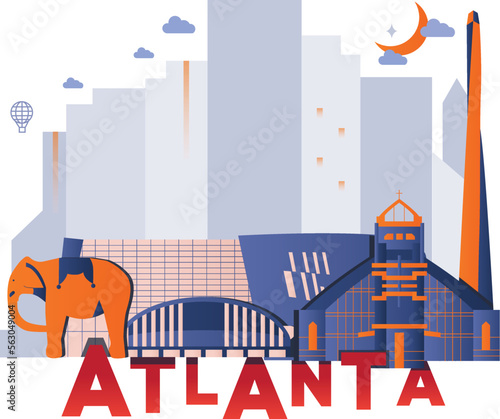 Atlanta culture travel set, American famous architectures, USA in flat design. Business travel and tourism concept clipart. Image for presentation, banner, website, advert, flyer, roadmap, icons