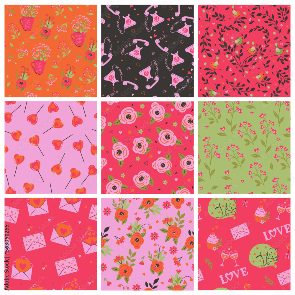 Set of seamless patterns for valentine s day. Vector graphics.