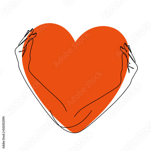 Vector illustration with hands hugging a heart isolated on white background.
