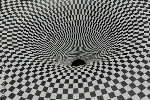 Foto Warped black and white checker pattern with black hole effect