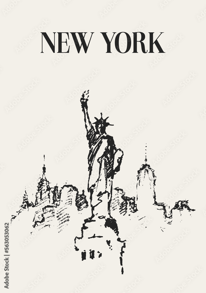 Sketch of New York city skyline with Statue of Liberty on front Sketch of New York city skyline with Statue of Liberty on front