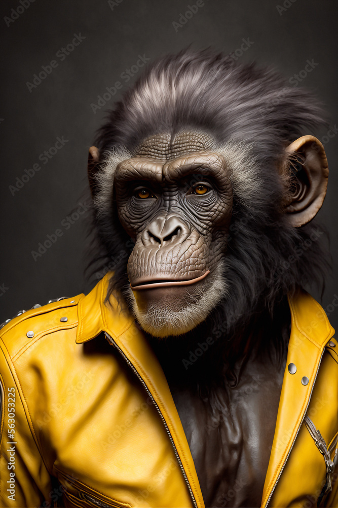 Fototapeta premium A beautiful majestic chimpanzee monkey wearing a yellow leather jacket - AI generative technology