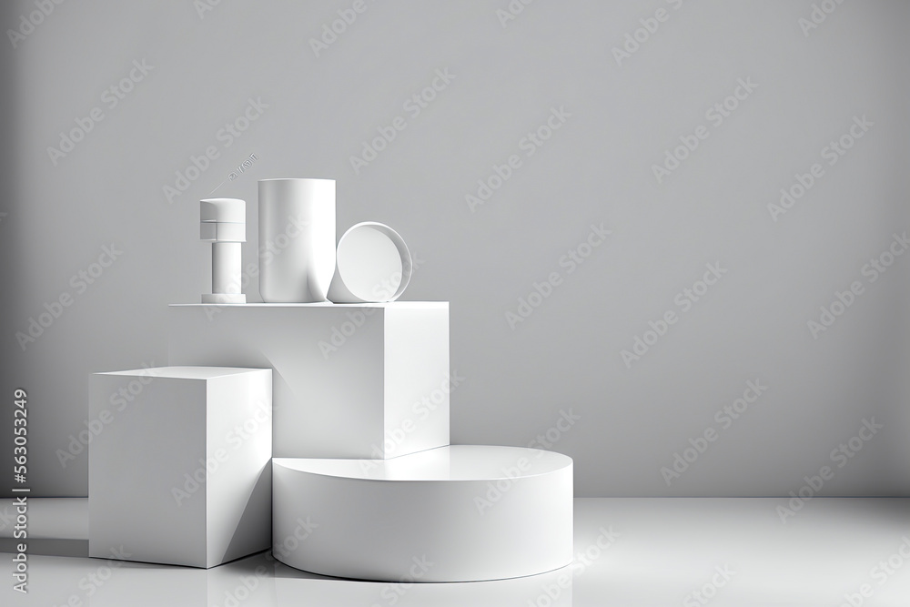Modern white cube and cylinder step pedestal podium with white wall scene background Modern white cube and cylinder step pedestal podium with white wall scene background