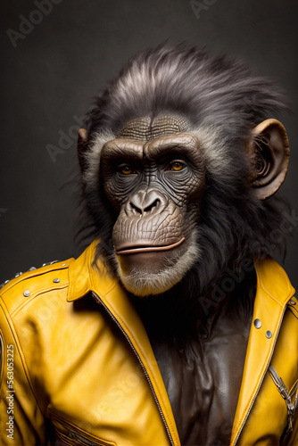 A beautiful majestic chimpanzee monkey wearing a yellow leather jacket - AI generative technology © Giordano Aita