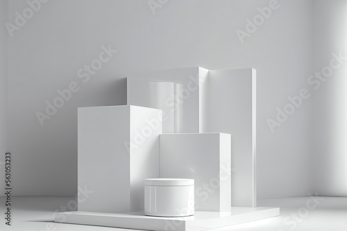 Modern white cube and cylinder step pedestal podium with white wall scene background