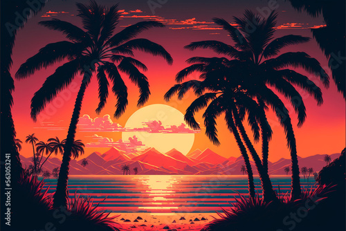 80's or 90's retro sunset landscape, Evening on the beach with palm trees, Colorful picture for rest. Palm trees at sunset, generative ai. © Asman