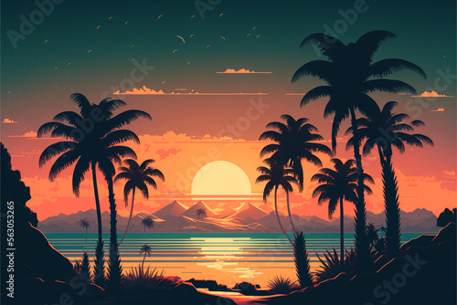 80 s or 90 s retro sunset landscape  Evening on the beach with palm trees  Colorful picture for rest. Palm trees at sunset  generative ai.