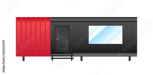 Vector modern modular home isolated on white background. Mobile house red and black construction. Sea container facade building. Tiny house trend. Delivery little house illustration. Cozy small cabin