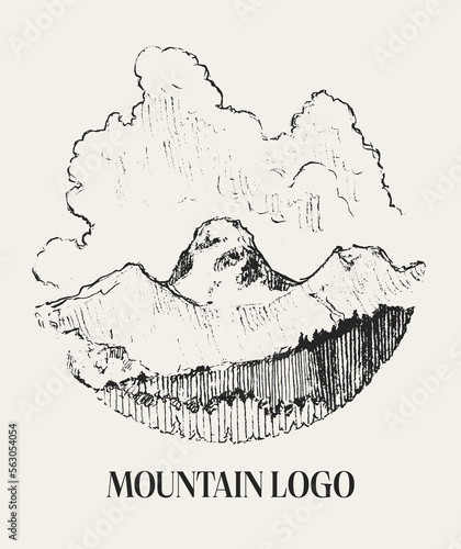 Mountain logo with clouds, hand drawn vector illustration