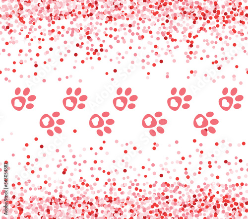 Pink glitter love day pattern with paws. Dog in my Valentine background for card or banner
