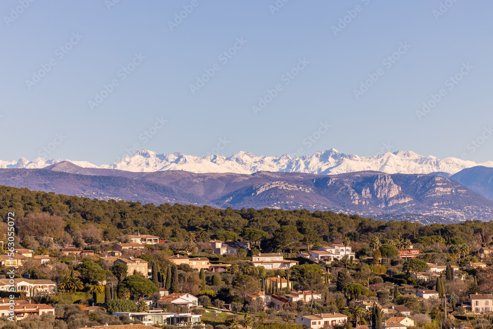 View from Mougins with snow covered Alpes Maritimes, Provence, France