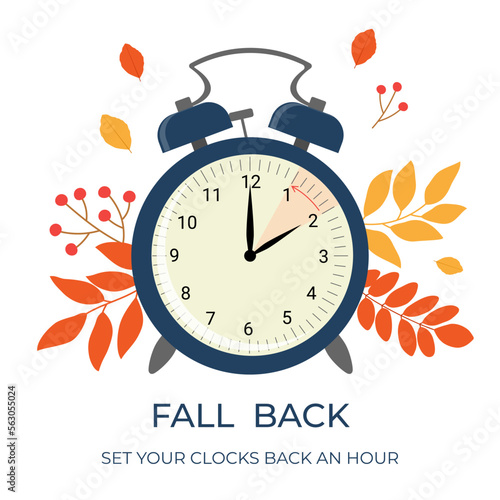 Daylight saving time ends concept banner. Fall Back time. Allarm clock with autumn leaves and branches.