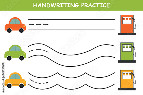 Handwriting practice sheet. Simple educational game. Transport or vehicle. Help the car to get to the gas station. Draw a line.