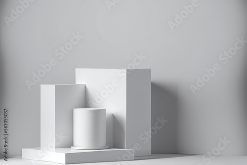 Modern white cube and cylinder step pedestal podium with white wall scene background