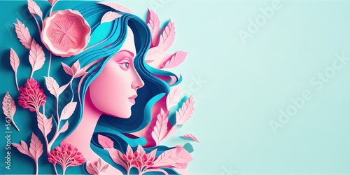 Illustration of face and flowers style paper cut with copy space for international women's day