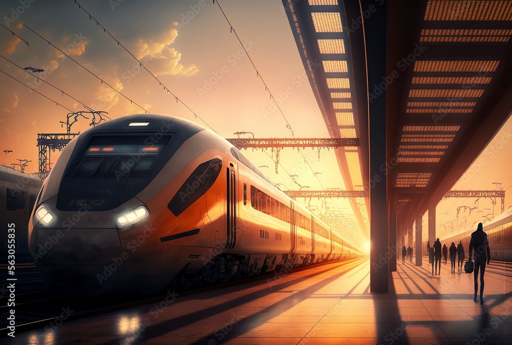 illustration, platform of modern train station, image generated by AI