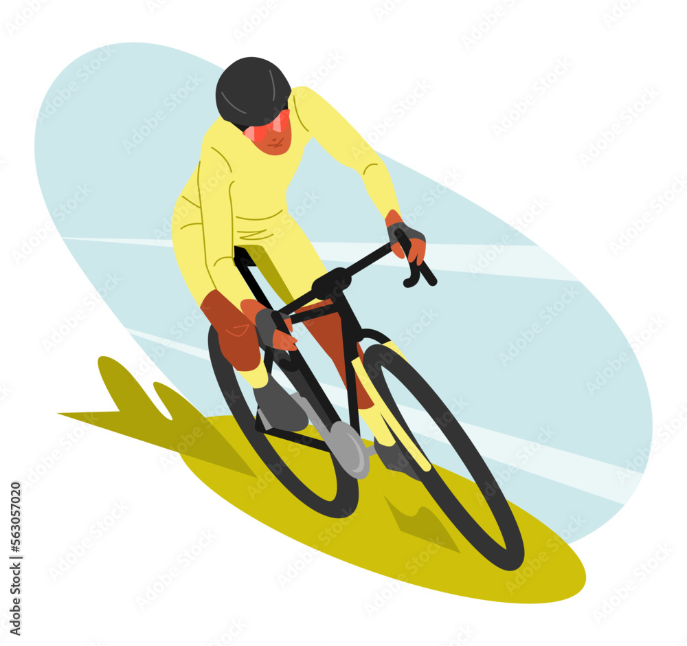 cyclist going fast. bike race in nature. front look. sport, hobby, vehicle, transportation concept. Perfect for print, sticker, poster, shirt design, etc. vector illustration in flat style.