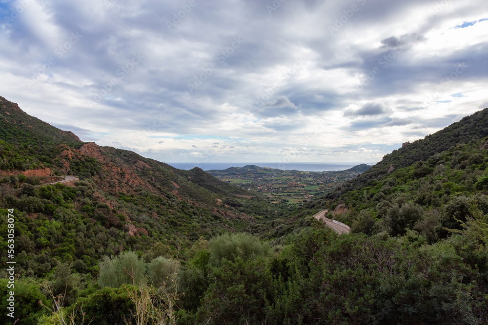 Scenic Road in the Mountains on the Sea Coast. Near Foxi Manna, Sardinia, Italy.