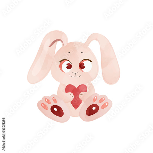 Funny watercolor rabbit with a heart. Vector illustration can be used as print or card. 