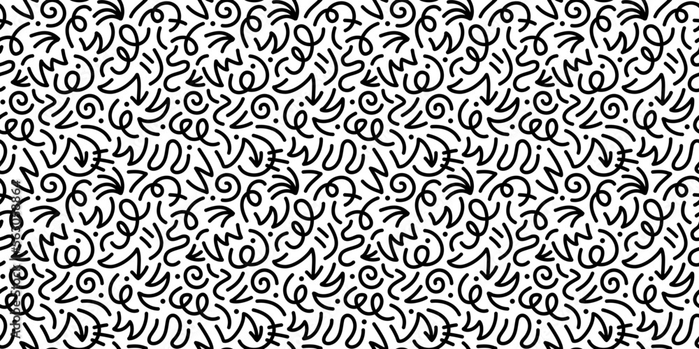 Fun black and white abstract line doodle seamless pattern. Creative minimalist style art background for children or trendy design with basic shapes. Simple childish scribble backdrop. Fun black and white abstract line doodle seamless pattern. Creative minimalist style art background for children or trendy design with basic shapes. Simple childish scribble backdrop.