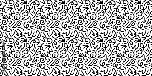 Fototapeta Naklejka Na Ścianę i Meble -  Fun black and white abstract line doodle seamless pattern. Creative minimalist style art background for children or trendy design with basic shapes. Simple childish scribble backdrop.