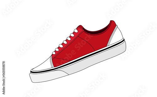 Vector red sneakers isolated on white background. Keds line silhouette. Casual sneakers logo. Flat shoes icon. Urban youth style footwear. Modern sneaker icon, side view. Fashion shoe sign