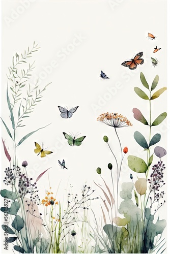 Bordure horizontale sans couture minimaliste avec des fleurs multicolores abstraites, des feuilles et des plantes vertes, des papillons volants. Motif isolé à l'aquarelle sur fond blanc.