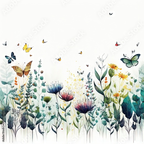 Bordure horizontale sans couture minimaliste avec des fleurs multicolores abstraites, des feuilles et des plantes vertes, des papillons volants. Motif isolé à l'aquarelle sur fond blanc.