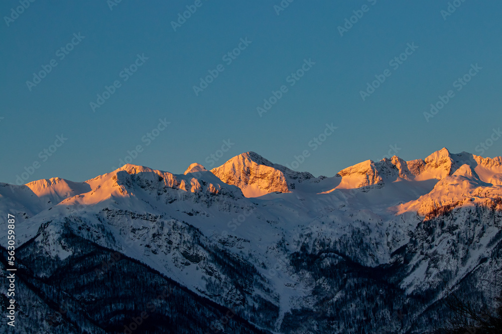 Sunrise in mountains, Bohinj valley, Slovenia	