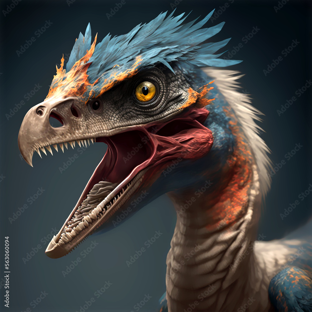 the head of a Velociraptor dinosaur covered with little bit of snow in