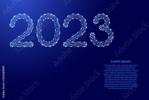 Inscription 2023 Happy New Year from futuristic polygonal blue lines and glowing stars for banner, poster, greeting card. Low poly concept. Vector illustration.