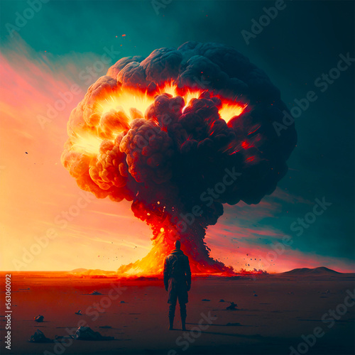 person in the desert look power explotion in the middle of the desert with sky black