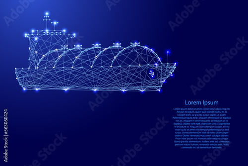 Gas carrier ship, vessel for transportation of liquefied petroleum gas LPG from futuristic polygonal blue lines and glowing stars Vector illustration.