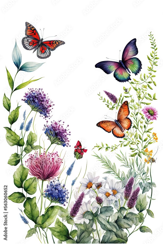 Bordure horizontale harmonieuse avec fleurs multicolores abstraites, feuilles et plantes vertes, papillons volants. Motif isolé à l'aquarelle sur fond blanc, prairie d'été.