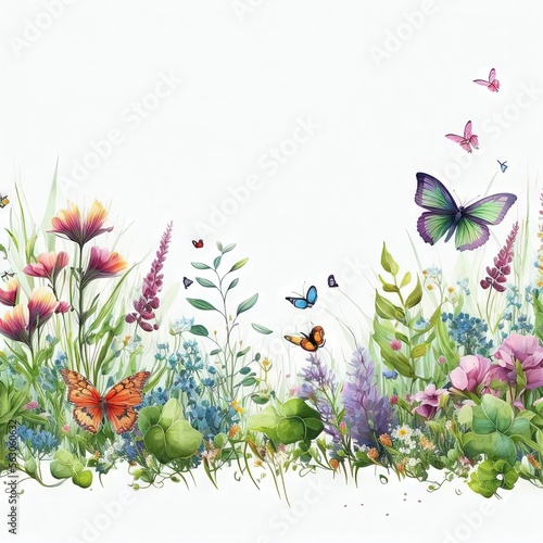 Bordure horizontale harmonieuse avec fleurs multicolores abstraites  feuilles et plantes vertes  papillons volants. Motif isol      l aquarelle sur fond blanc  prairie d   t  .