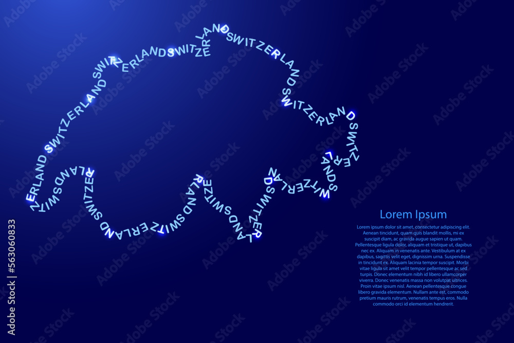Switzerland map country along contour of recurring english blue words name of state and glowing space stars .. Switzerland map country along contour of recurring english blue words name of state and glowing space stars ..