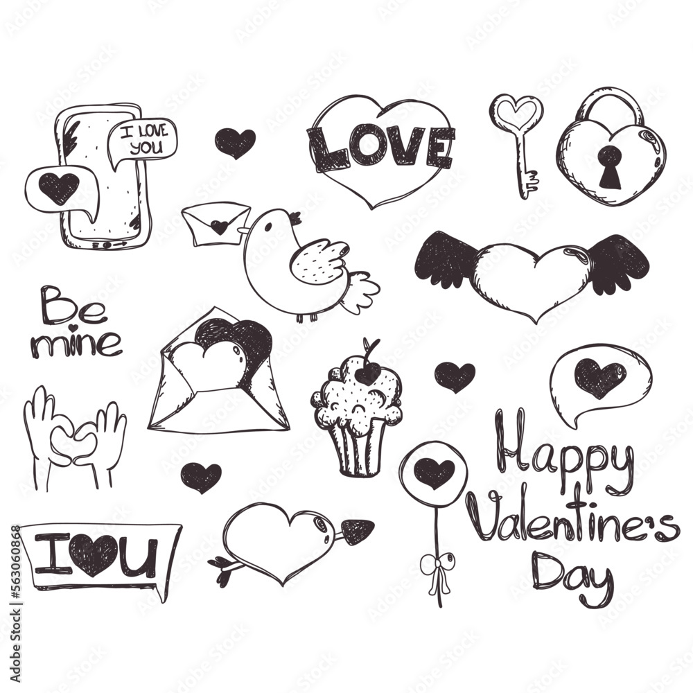Valentines Day set love. Love clipart. Many various romantic objects. hand drawn elements about love. Hand drawn doodle Love and Feelings collection Vector illustration Sketchy
