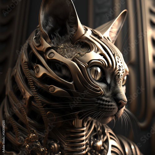 the cat of the future sits in armor from the future with beautiful, gently golden eyes and looks with a piercing look